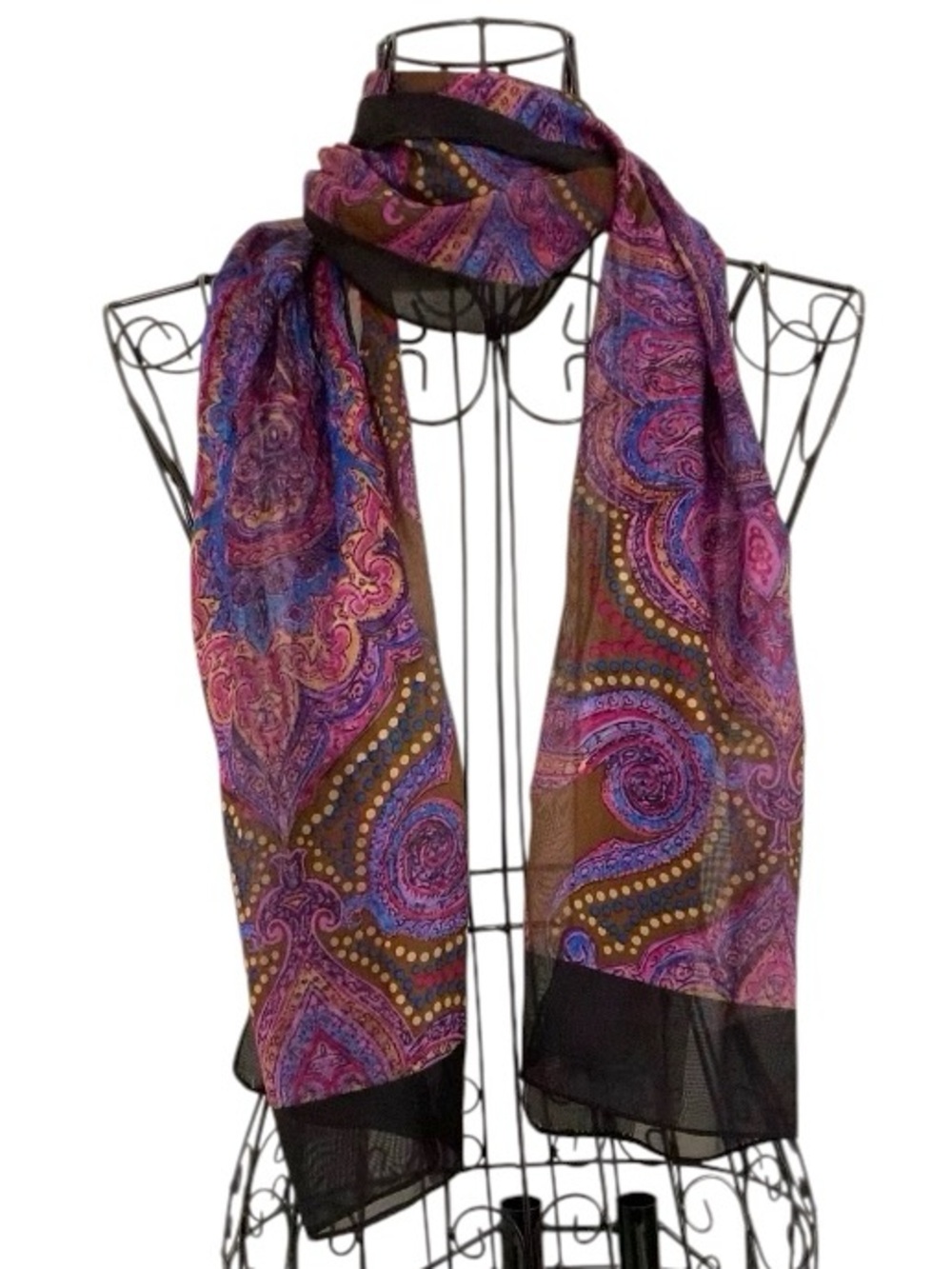 Vintage Silky Vibrant Paisley Rectangle Scarf Purple and Brown with Black Trim